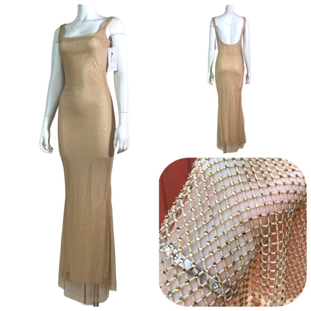 NWT Rhinestone Net Glitter Sparkly Party Club Rave Bling Low Back Maxi Dress - Picture 6 of 17